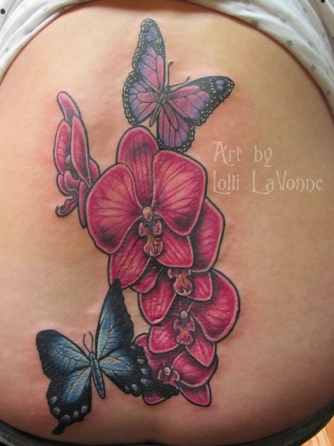 c-section cover up tattoos - Google Search Flower Lower Back Tattoo, Amaryllis Tattoo, Orchid Tattoos, Lower Back Tattoo, Tattoo Watercolor, Orchid Tattoo, Butterfly Tattoos, Botanical Tattoo, Butterfly Flower