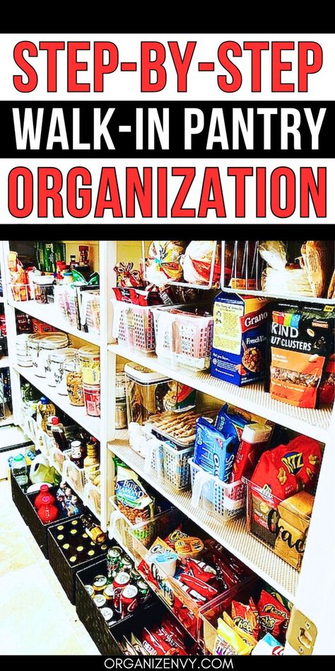 Photo of a large walk-in pantry with food organized in baskets Pantry Zones, Organizers For Pantry, Pantry Ideas Small, Walk In Pantry Ideas Layout, Diy Pantry Makeover, Pantry Staples List, Small Walk In Pantry, Pantry Organization Ideas Shelves, Walk In Pantry Ideas