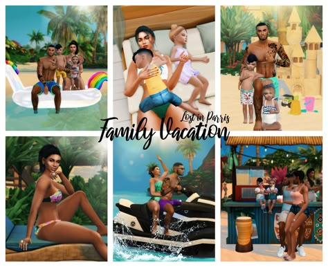 Family Vacation - Part 1 | Lost in Parris on Patreon Sims 4 Family Vacation Poses, Sims4 Cc Poses, Sims 4 Christmas Decor, Sims 4 Family Poses, Sims 4 Cc Poses, Vacation Poses, Poses The Sims 4, Sims 4 Couple Poses, Toddler Poses