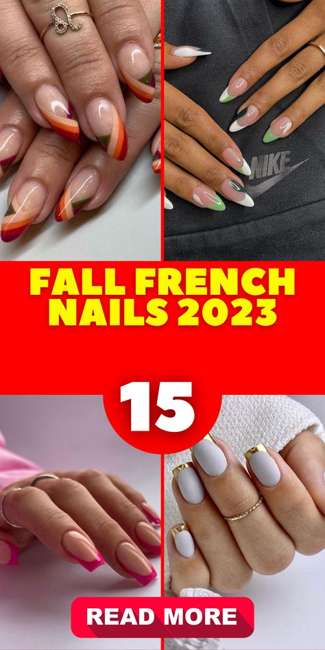 Embrace the beauty of fall with the trendiest French nail designs for 2023. Explore the latest autumn trends and discover chic and stylish short nail options. Whether you choose classic white French tips or experiment with gel for a long-lasting effect, these designs will elevate your fall fashion. Get inspired by the season and incorporate pink elements, artistic acrylic patterns, or a touch of black for an edgy look Fall Nails Negative Space, Latest Nail Designs Trends 2023, Cranberry Nails Fall Designs, Colored French Manicure Nails, November French Nails, Fall Nail Art Designs French Tips, Fall Nails 2023 French Tip, Fall French Tip Nails Square Short, Fall French Nails 2023