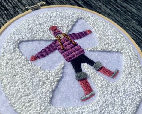 Snow Angel! Enjoyed Stitching The Different Textures But Stitching A Person For The First Time Was Challenging Playing In Snow, Change Hair Color, Child Playing, French Knot Embroidery, Change Hair, Snow Angel, Snow Angels, French Knot, Creative Artwork