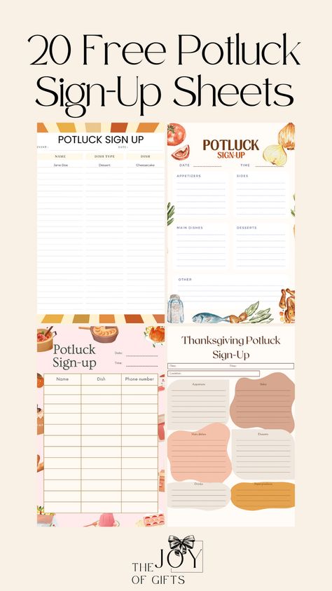 Make your potluck easy to plan with one of these free printable sign-up sheets from The Joy of Gifts! You'll be able to choose from 20 different potluck sheet designs to match your style. Friendsgiving Potluck Sign Up Sheet, Free Potluck Sign Up Sheet, Pot Luck Sign Up Sheet Free Printable, Potluck Sign Up Sheet Printable Free, Blessing Mix Free Printable, Thanksgiving Potluck Sign Up Sheet, Potluck Themes, Thanksgiving Menu Planner, Potluck Sign Up Sheet