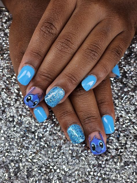 Nails Acrylic Stitch, Lilo Stitch Nails, Stitch Inspired Nails, Stitch Nails For Kids, Stitch Nails Disney, Leopard Nail Art Designs, Stitch Nails, Kid Nails, Leopard Nail Art