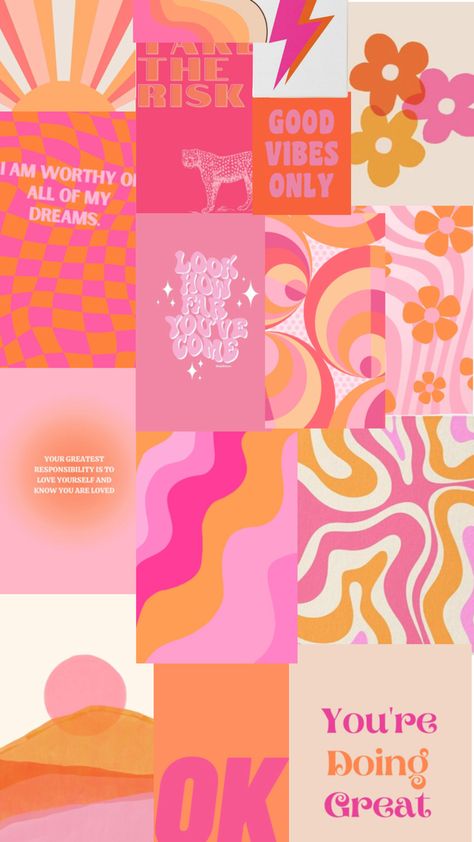 A collage, hot pink, and bright orange with inspirational quotes Pink And Orange Collage, Bright Orange Aesthetic, Hot Pink And Orange Aesthetic, Orange Aesthetic Cute, Orange Collage, Orange Aesthetic, I Am Worthy, Aesthetic Cute, Instagram Highlight Icons