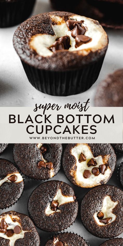 These super moist Black Bottom Cupcakes are marbled masterpieces that will melt in your mouth the minute you take a bite! They are rich, chocolatey,  and filled with the creamiest chocolate chip cream cheese filling ever! Recipe on BeyondtheButter.com | #cupcakes #creamcheese #chocolatecupcakes #chocolatechips #beyondthebutter Chocolate Cupcakes With Cream Cheese And Chocolate Chip Filling, Black Bottom Muffins Recipe, Black Bottom Recipe, Cupcakes With Mini Chocolate Bar, Yum Yum Cupcakes, Blackbottom Cupcakes Easy, Cream Cheese Chocolate Cupcakes, Black Bottoms Cupcakes, Chocolate Cupcakes With Cream Cheese Filling