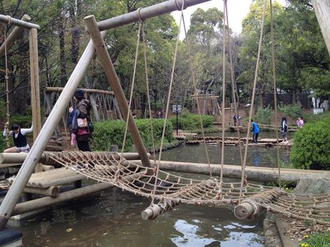 Marketing Japan: The Best Children's Sports Park and Obstacle Course in Tokyo! This place is so amazing! Wish we had one in the states. Outdoor Obstacle Course, Yard Structures, Tree Forts, Woods Ideas, Backyard Obstacle Course, Kids Obstacle Course, Rope Bridge, Playground Ideas, Play Ground