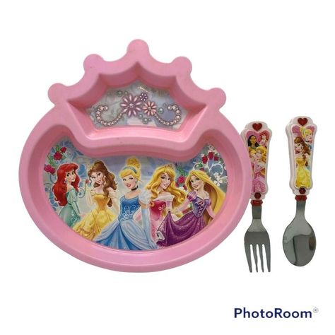 Pink Plate, Pink Plates, Pet Spaces, Spoon Fork, Stainless Steel Flatware, Plastic Plates, All Kids, Disney Princesses, Dinner Sets