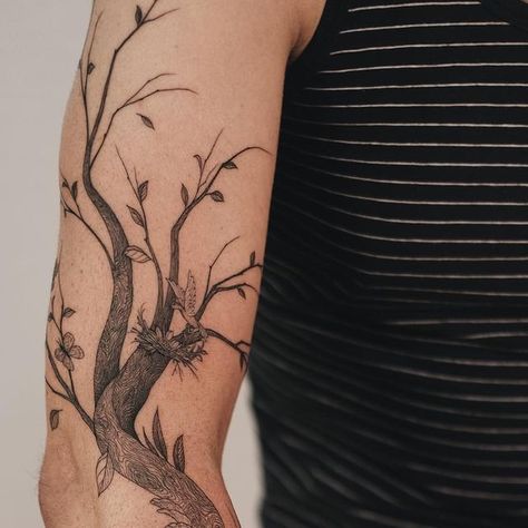 Tree Branch Wrap Around Tattoo, Tree Shoulder Tattoo Women, Tree Bicep Tattoo, Tree Branches Tattoo, Tree Chest Tattoo, Tree Trunk Tattoo, Tree Tattoo Shoulder, Bird Branch Tattoo, Tree Forearm Tattoo