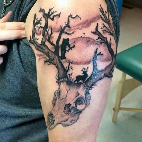 Jager Tattoo, Deer Hunter Tattoo, Deer Tattoo For Men, Hunting Tattoo Ideas, Bow Hunting Tattoos, Deer Hunting Tattoos, Deer Skull Tattoos, Bow Tattoo Designs, Outer Forearm Tattoo