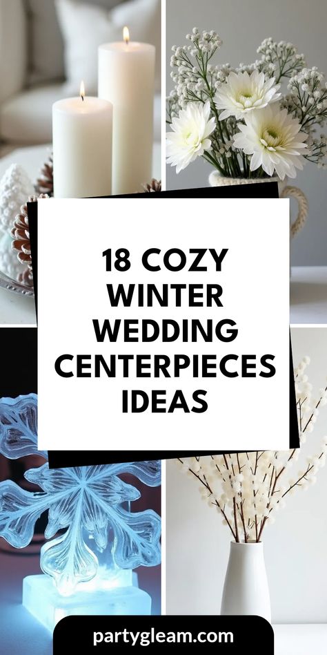 Are you preparing for a winter wedding and looking to create a cozy atmosphere for your guests? Here are 18 stunning winter wedding centerpieces ideas that capture the magic of the season. From frosted pine cone and candle arrangements to beautiful knit-wrapped vases with winter blooms, these ideas blend warmth and elegance. Consider dramatic ice sculptures and crystal-encrusted branches that light up your tablescape. Transform your wedding day into a picturesque winter wonderland with centerpieces that leave a lasting impression. Easy Winter Wedding Centerpieces, Winter Formal Centerpieces, Winter Shower Centerpieces, Winter Table Centerpieces Diy, Winter Wonderland Centerpiece Ideas, Winter Party Centerpieces, Winter Wonderland Centerpieces Diy Table Decorations, Snowy Centerpieces, January Wedding Centerpieces