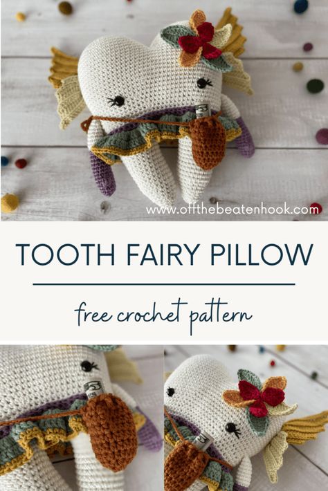 Tooth Fairy Pillow Free Crochet Pattern - Off the Beaten Hook Crochet Pattern Fairy, Crochet Patterns Fairy, Tooth Fairy Crochet, Free Crochet Fairy Pattern, Crochet Tooth Fairy Pillow Pattern Free, Tooth Crochet Pattern Free, Crochet Tooth Pattern, Unique Amigurumi Free Pattern, Crochet Items For Kids