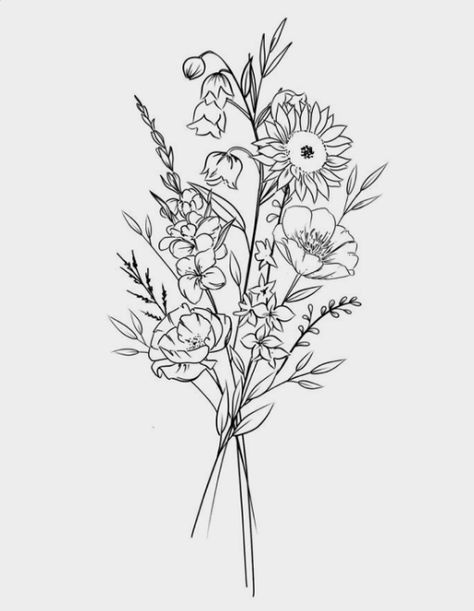 Wildflower Cluster Tattoo, Marigold Bouquet Drawing, Floral Outline Tattoo Sleeve, Wildflower Tattoo Outline, Black Flower Bouquet Tattoo, Bundle Of Wildflowers Tattoo, Wild Flowers Bouquet Tattoo, Vintage Bouquet Tattoo, Simple Wildflower Bouquet Drawing