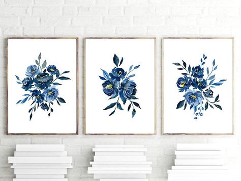 Watercolor Blue Flower Print, Flower Prints, Set of 3, Watercolor Blue Print Set, Blue Flower Decor, Watercolor Blue Office Wall Art Blue Flowers Decor, Blue Flower Wall, Flower Art Prints, Indigo Flower, Watercolor Blue, Bedroom Wall Decor, Vintage Indigo, Flowers Wall, Blue Wall Art