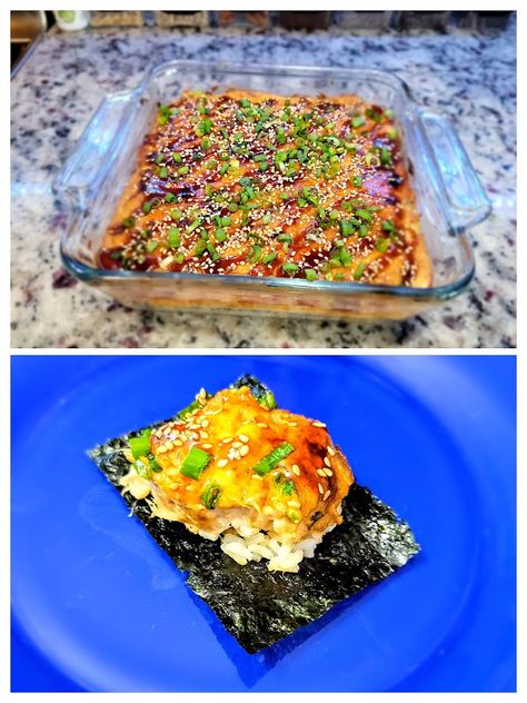 Tuna Sushi Bake, Tuna Packets, Spicy Tuna Sushi, Tuna Bake, Sushi Bake, Tuna Sushi, Seaweed Snacks, Tuna Casserole, Baked Corn