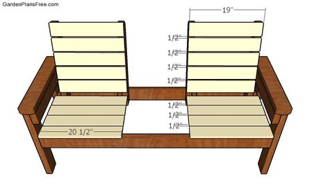 Double Chair Bench Plans | Free Garden Plans - How to build garden projects Diy Wooden Benches Outdoors With Back, Free Bench Plans Easy Diy, Outdoor Bench Plans Easy Diy, Double Chair Bench With Table Plans, Lanai Furniture, Bench With Table, Small Bench Seat, Build A Bench, Outdoor Bench Plans