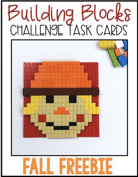 Lego Challenge Task Cards -incorporating Lego/Building Blocks into Morning Work and Fine Motor Stations is easy! Check this out and get a FREEBIE. Lego Scarecrow, Buttered Pasta, Lego Station, Differentiated Kindergarten, Used Legos, Lego Halloween, Thanksgiving Turkey Craft, Lego Challenge, Lego Building Blocks