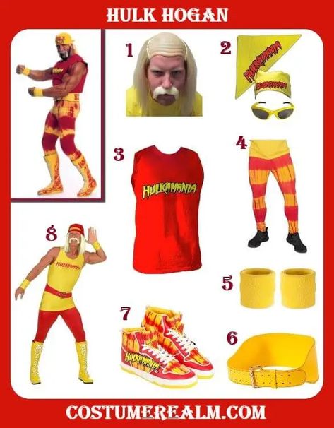 How To Dress Like Hulk Hogan Costume Guide For Halloween Diy Wrestling Costumes, Hulk Hogan Costume Women, Wwe Halloween Costumes, Wwe Cosplay, Hulk Hogan Halloween, Hulk Hogan Costume, Ultimate Hulk, Wwe Costumes, Wrestling Costumes