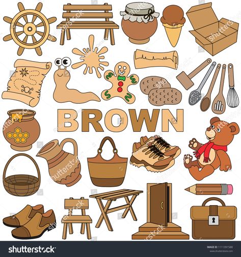 Brown Day Decoration Preschool, Brown Objects, Color Activities For Toddlers, Colors Chart, Elementary Worksheets, Camping Coloring Pages, Preschool Decor, Kindergarden Activities, Color Board