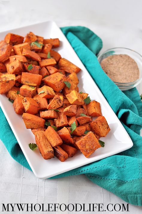 Up your side dish game with these Jamaican Jerk Roasted Sweet Potatoes! Big and bold flavor twist to a classic side dish. Vegan, gltuen free and paleo. Healthy Marshmallows, Simple Sides, Sweet Potato Recipes Roasted, Oven Roasted Sweet Potatoes, Sweet Potato Recipes Healthy, Grilled Sweet Potatoes, Brie Bites, Random Recipes, Stuffed Sweet Potato Healthy