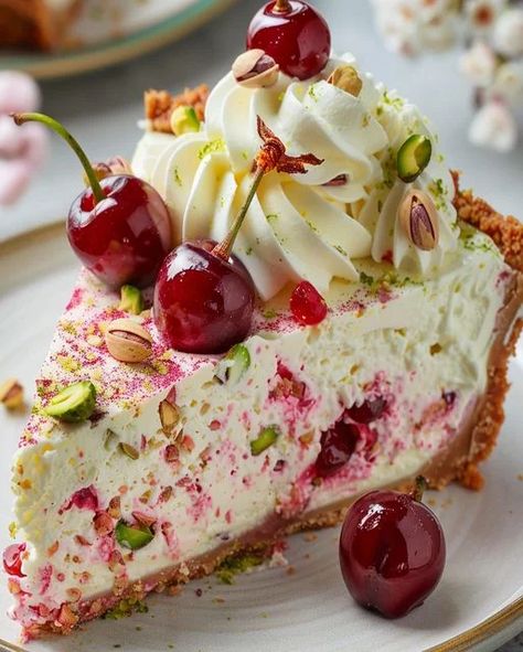 Lemon-Lime Cherry Pistachio Cheesecake Recipe | Delightful Dessert Pistachio Cheesecake Recipe, Italian Cheesecake, Cherry Pistachio, Cheesecake With Whipped Cream, Pistachio Cheesecake, Biscuits Graham, Cheesecake Lovers, Dairy Free Cream, Refreshing Desserts