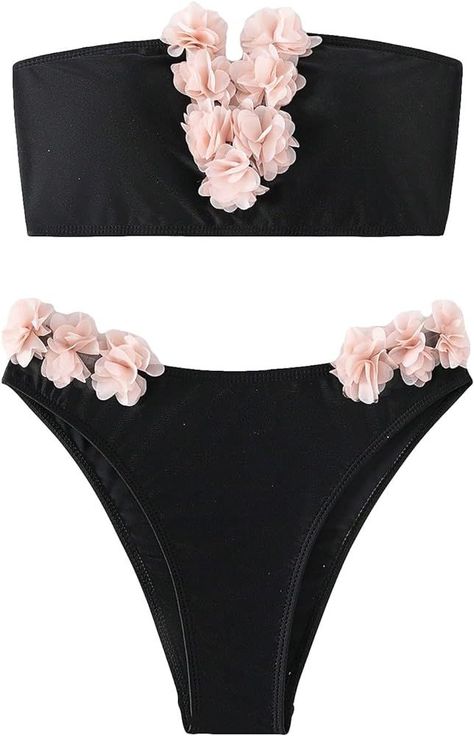 SHENHE Women's 2 Piece Bandeau Bikini Set Strapless Lace Up Appliques Flower Swimsuit | Amazon (US) Flower Swimsuit, Chunky Gold Hoop Earrings, Resort Outfit, Swimsuit Black, 2 Piece Swimsuits, Oversized Sunglasses, Black Swimsuit, Vacation Outfits, Gold Hoop