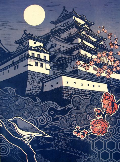 Castle by netdog (deviantart) Illustration Art Nouveau, Art Chinois, Arte 8 Bits, Japanese Artwork, Japanese Illustration, Traditional Japanese Art, Samurai Art, Art Japonais, Japanese Woodblock Printing