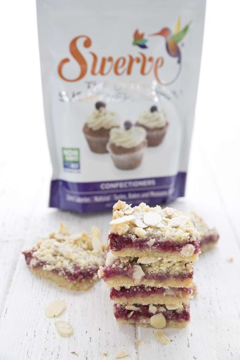 Carolyn Ketchum Raspberry Almond Shortbread Bars | Recipes | Swerve Sweetener Almond Shortbread Bars, Swerve Recipes, Shortbread Bars Recipes, Almond Shortbread, Raspberry Bars, Aip Desserts, Low Carb Brownies, Vegan Protein Bars, Recipe List