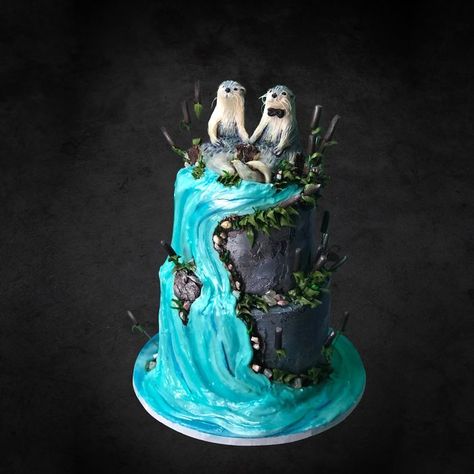 Otter Wedding Cake I Made Today. Chocolate Blackberry Flavored. With White Chocolate Otters Staircase Wedding Cake, Otter Wedding, Book Lovers Wedding, Small Winter Wedding, Bow Wedding Cakes, Sequin Cake, Homemade Wedding Cake, Geode Cake Wedding, Lego Wedding