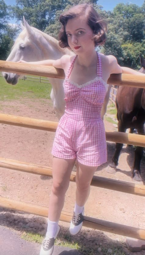 1950’s Style Pink Gingham Romper, a mix of Coquette, Vintage Americana, and Farmers Daughter : r/coquettesque Americana Core, Vintage Outfits 1940s, Old Money Dark Academia, 1950's Hairstyles, 1940's Hairstyles, Farmer Fashion, Closet And Vanity, Goal Outfits, Gingham Romper