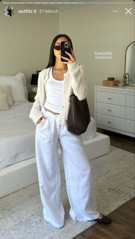 Rich Coastal Outfit, Off White And White Outfit, Aesthetic Linen Pants Outfit, White Linen Pants Winter, Linen Pants Airport Outfit, Casual Comfy Outfit Aesthetic, Flowy Shirt Outfit Summer, Linen Pants In Winter, White Lounge Pants Outfit