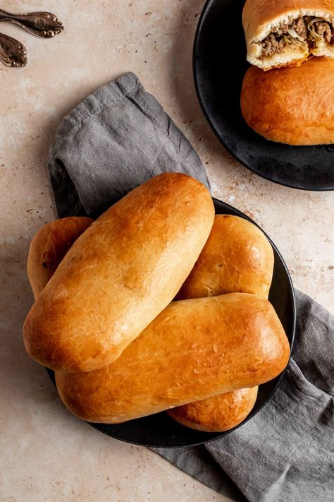 Homemade Runzas - Whisked Away Kitchen Homemade Runzas, Homemade Runza, Runza Recipe, Flour Container, Small Cabbage, Freshly Baked Bread, Baked Bread, Fast Food Chains, Lunch To Go