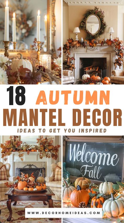 Get inspired this season with 18 charming autumn mantel decor ideas. Transform your fireplace into a cozy fall focal point with rustic wreaths, vibrant pumpkins, and warm candles. Explore creative arrangements featuring seasonal foliage, gourds, and plaid accents to bring the beauty and warmth of autumn into your home. Fireplace Mantle Fall Decor Ideas, Fireplace Fall Mantle Decor, Fall Mantle Decor Ideas, Fireplace Fall Decorating Ideas, Beautiful Mantles, Autumn Fireplace Decor, Fall Decor Mantle, Autumn Mantel Decor, Warm Candles