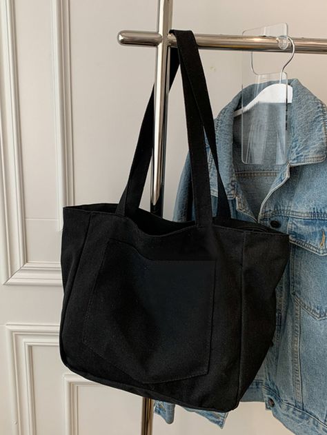 Black Unisex Collar  Polyester Plain Shopper Bag Embellished   Women Bags School Tote Bags, Tod Bag, Bags For College, Tote Bag For School, Tote Bag School, College Tote, Tote Bags For College, College Tote Bag, Uni Bag