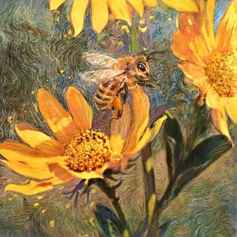 "Bees,Honeybee art, Van Gogh Bee, re..." by Lee Mitchelson Bees Aesthetic Art, Save The Bees Art, Honeybee Aesthetic, Bee Art Painting, Market Trailer, Honey Bee Painting, Bee Paintings, Bee Illustrations, Pollinating Flowers