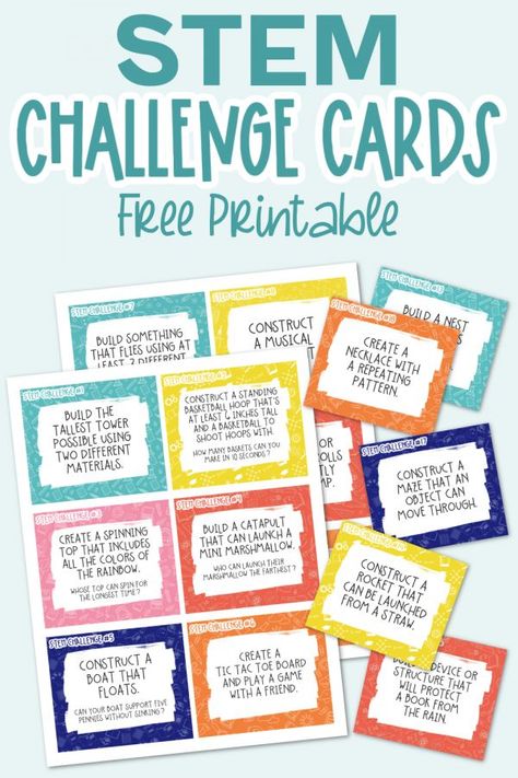 Help get children excited about science, technology, engineering, and science with these free STEM Challenge Cards. 24 fun STEM activities! Stem Corner In Classroom, Diy Stem Bins, Stem Challenge Cards, Lego Stem Challenge, Science Notebook Cover, Steam Night, Busy Bins, Stem Bins, Homeschooling Activities