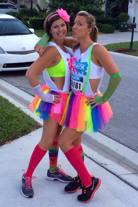 @melissaayala we so have to make outfits like this this year!!! Neon Running Outfit, 80s Exercise, Color Run Shirts, Color Run Outfit, 5k Costume, 5k Color Run, Running Short Outfits, Neon Run, Run Outfit