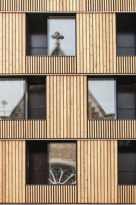 Technical and aesthetical renovation of an existing building in Mons historical city center housing 104 student dwellings for Mons University. Wood Facade, Wooden Facade, Timber Architecture, Wooden Architecture, Wood Architecture, Wood Cladding, Timber Cladding, Exterior Cladding, Building Facade