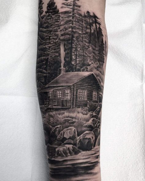 Jesses Tattoo, Cabin Tattoo Ideas, Cabin In Woods Tattoo, Wildlife Tattoos For Men, Cabin In The Woods Tattoo, Tattoo Woods Forest, Cottage Tattoo, Left Tattoo, Forest Moutain Tattoos