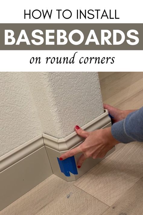 Here's how to install baseboards on round corners! I'll show you exactly how to cut bullnose baseboard so you can tackle this project yourself! Baseboard Corners, British Colonial Living Room, Bullnose Corners, Diy Baseboards, Diy Home Improvement Hacks, How To Install Baseboards, Easy Renovations, Modern Baseboards, Easy Diy Home Improvement