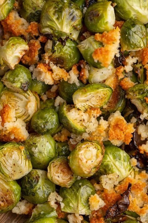 Crispy Parmesan Crusted Brussels Sprouts — Marley's Menu Grilled Portobello, Baked Asparagus, Roasted Vegetable Recipes, Green Tips, Parmesan Crusted, Portobello Mushroom, Brussels Sprouts Recipe, Roasted Brussel Sprouts, Veggie Side Dishes