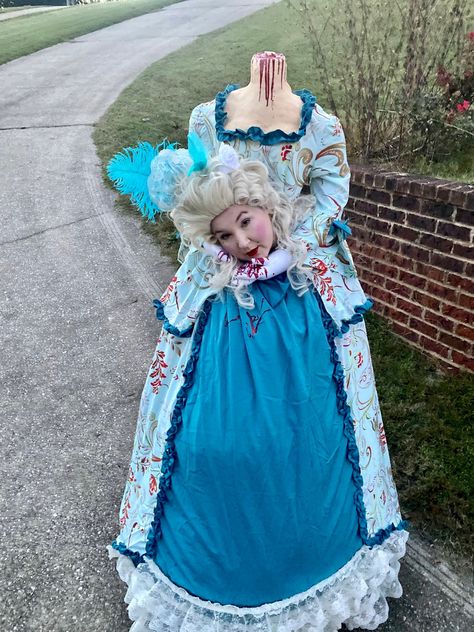 I love illusion costumes, so I decided to be Marie Antoinette after her head was chopped off! I wanted a historically accurate dress and great illusion. Follow me step-by-step as I create this homemade Halloween costume that won Halloween Costume Contests and looked very realistic. I transformed a store bough dress to Plus Size Marie Antoinette Costume, Best Original Halloween Costumes, Insane Halloween Costumes, Rococo Halloween Costume, Historic Halloween Costumes, Wedding Dress Halloween Costume Ideas, Historical Halloween Costumes, Marie Antoinette Costume Diy, Marie Antoinette Halloween Costume