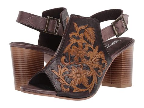 Roper Mika - Women's Shoes : Brown Floral Tooled Leather : Enjoy the Western flair of the Roper Mika sandal that will beautifully complement your summer style. Genuine leather upper. Sandal with cut-out design and peep toe. Leather ankle strap with adjustable metal buckle. Features a beautiful floral tooling. Lightly cushioned man-made insole for underfoot comfort. Stacked tall heel. Man-made outsole for added stability. Imported. Measurements: Heel Height: 2 3 4 in Weight: 9 oz Product measurem Western Sandals, Brown Womens Shoes, Stacked Heel Sandal, Western Shoes, Leather Heels Sandals, Peep Toe Sandals, Heeled Sandal, Tooled Leather, Brown Floral