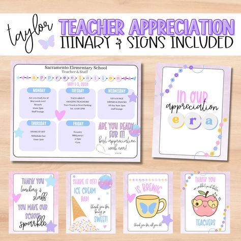 "Teacher appreciation itinerary. A unique theme for a full week of surprises and treats for your teachers and staff to enjoy.  What is Included?  1- itinerary edit all text except heading 9- treat sings (not editable)  TEMPLATE TO CAVNA -VIP DOOR HANGERS (editable) -Teacher Itinerary mon-fri (editable) Non editable downloads  - Treat signs 8X0\" 25 DESIGNS INCLUDED  -POSTER IN 3 SIZES 8X10 18X24 & 16X20 -WATER BOTTLE LABEL  -Pennant flags -Chocolate bar wrap -Teacher wish list -Student activity Ice Cream Bar Sign, Teacher Appreciation Themes, Teacher Wish List, Teacher Appreciation Diy, Chocolate Bar Wrapping, Teacher Treats, Gift Tag Design, Ice Cream Bar, Pennant Flags