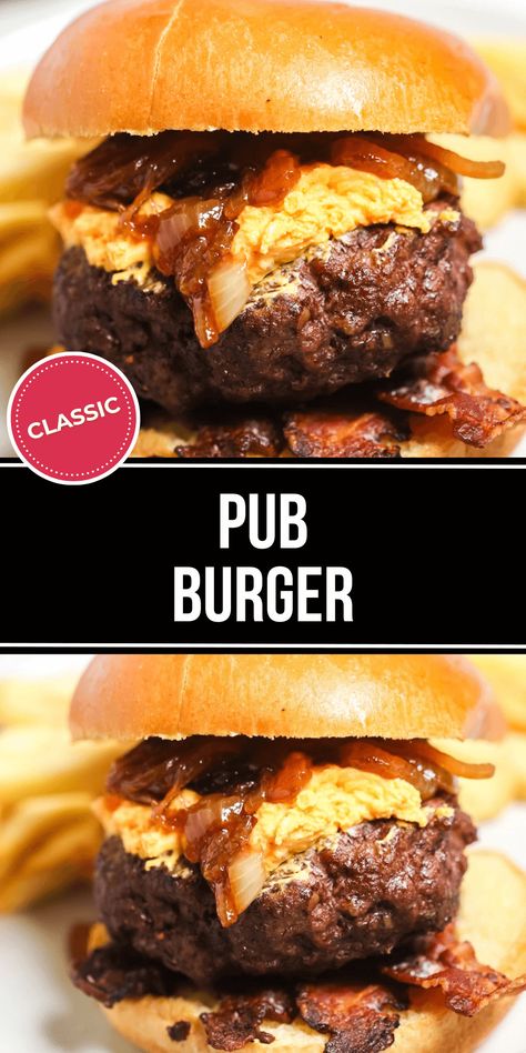 This Pub Burger is full of flavor, with pub cheese, beer caramelized onions, and bacon all together on a juicy seasoned burger patty. Pub Burger Recipe, Beer Can Burgers, Pub Burger, Pub Cheese, Grilled Burger Recipes, Beer Burger, Burger Patty, Beer Bacon, Gastro Pubs