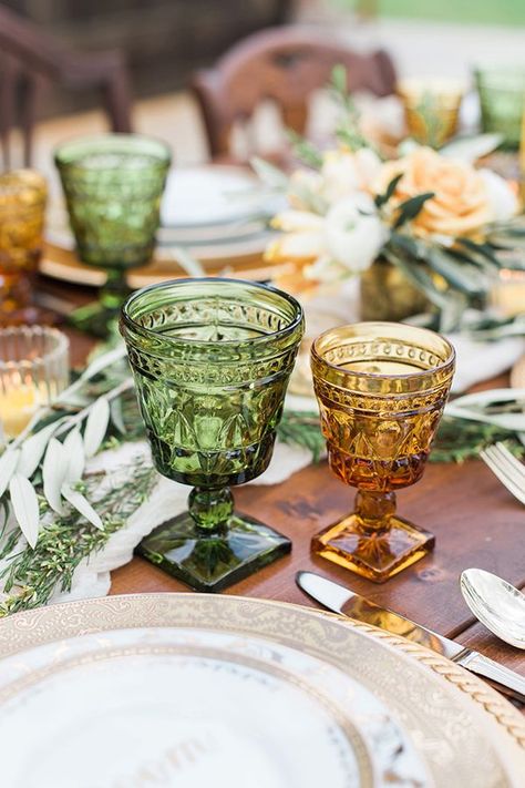 Sweet Love Wedding Inspiration with Yellow and Green | The Perfect Palette Wedding Glassware, Amber Glassware, Green Glassware, Prop Rental, Colored Glassware, Rental Decorating, Prop Styling, Gay Wedding, Yellow Wedding