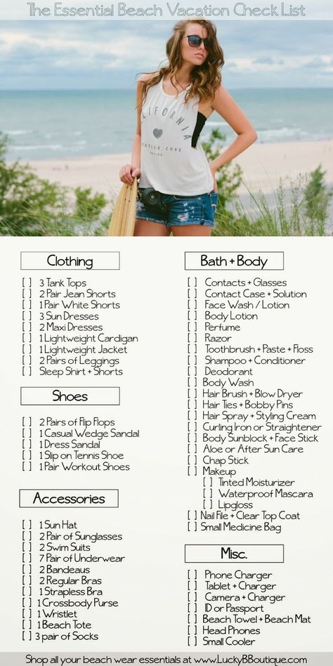 The Essential Beach Vacation Packing Check List ::: /may_b/ /peytonbrignone/ countdown is on!!! Beach Vacation Packing, Vacation List, Beach Vacation Packing List, Vacation Checklist, Beach Packing, Packing List For Vacation, Beach Vacay, Vacation Packing, Florida Vacation