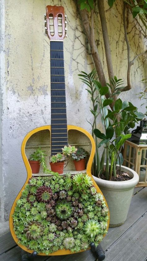 Guitar Planter, Book Lamps, Guitar Projects, Spring Planters, Guitar Shelf, Music Garden, Spring Planter, Book Lamp, Succulent Garden Diy