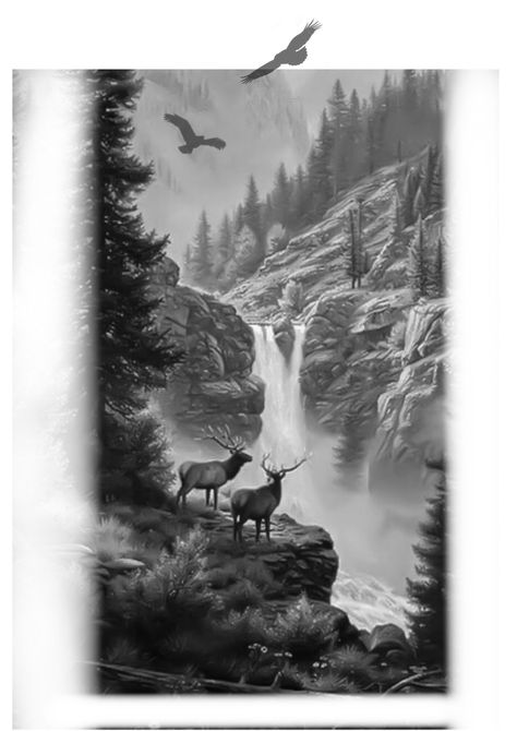 Owl Mountain Tattoo, Wolf Nature Tattoo, Trees And Mountains Tattoo, Loveless Tattoo, Mountain Sleeve Tattoo, Forest Tattoo Sleeve, Waterfall Tattoo, Wilderness Tattoo, Berg Tattoo