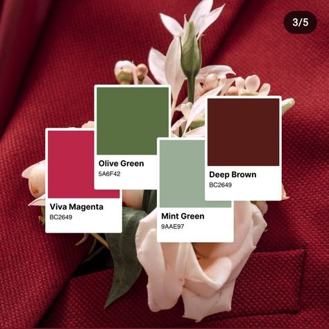 Green And Cranberry Color Scheme, Magenta Green Color Palette, Viva Magenta Palette, Viva Magenta Color Palette, Red And Green Color Palette, Magenta Decor, Magenta And Green, Magenta Wedding, Pantone Palette