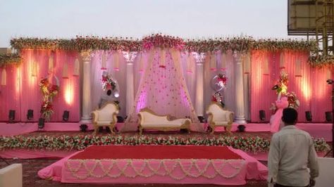 open ground wedding decoration - Google Search Indian Wedding Stage, Reception Stage Decor, Marriage Reception, Simple Wedding Decorations, Wedding Stage Design, Desi Wedding Decor, Wedding Planning Decor, Stage Decoration, Wedding Mandap